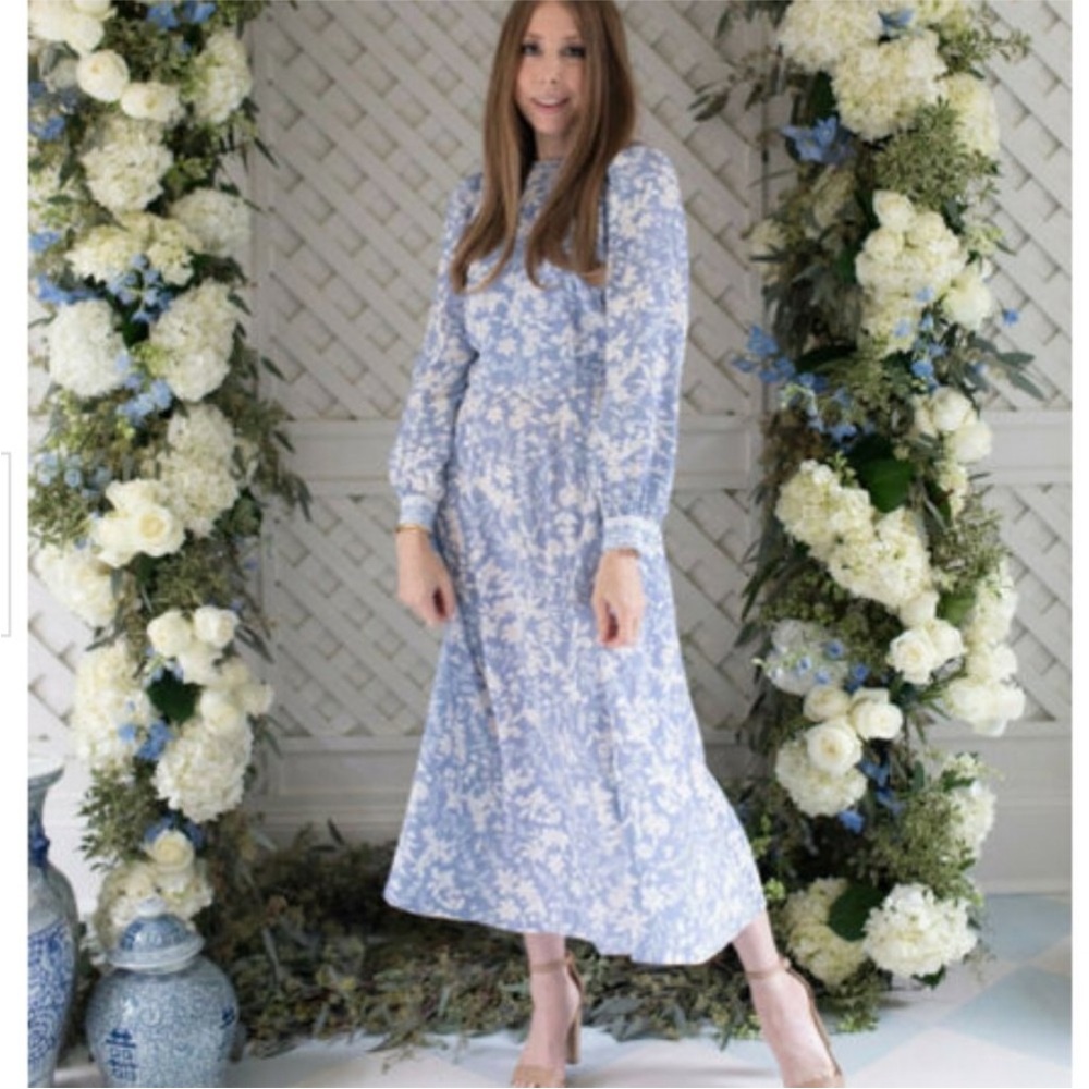 ANTONIO MELANI Blue white Floral Long Sleeve Dress open back born 6 fifth alizee